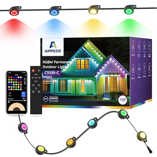 Image of APPECK Permanent Outdoor Lights 100ft with 72 LEDs, DIY Scene Modes, Smart RGBW String Lights Waterproof, App /Remote Control for Easter, Holiday, Alexa /Google Assistant Compatible, Black