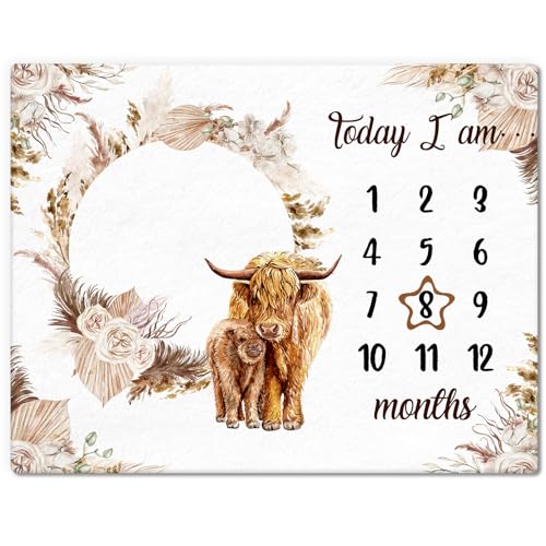 Image of Mindsoft Boho Floral Baby Monthly Milestone Blanket Neutral Bohemian Photo Prop Blanket Personalized Highland Cow Baby Present Pampas Grass Ideas for Newborn Nursery Decor (Brown, Highland Cow)
