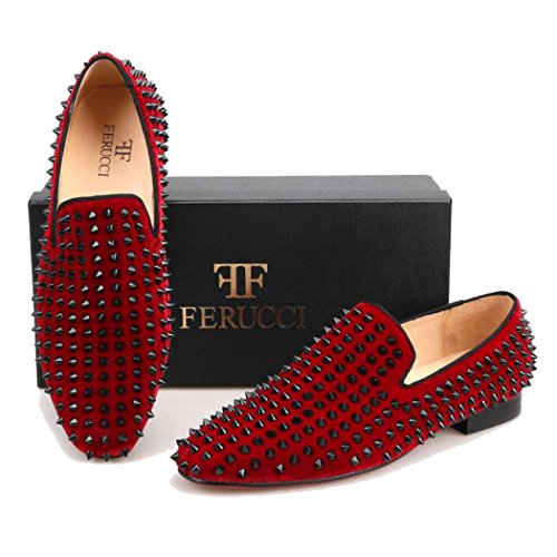 FERUCCI Men Burgundy Velvet Slippers Loafers Flat with Black Spikes3