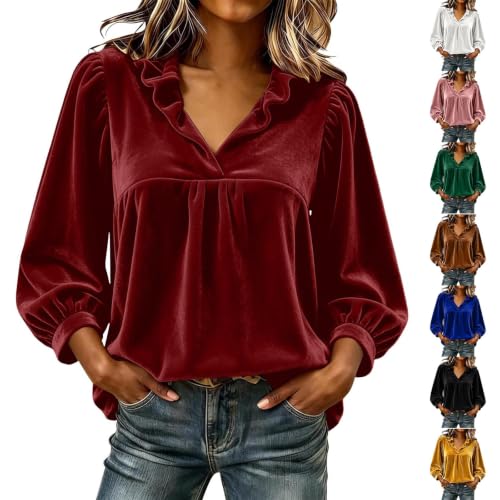 Image of Wine Womens Velvet Blouse Ruffle Trim V-Neck 3/4 Sleeve Pullover Tops