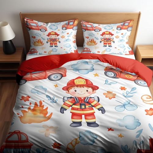 Housse de Couette 90 x 190 cm Pompiers de dessin animé à l'aquarelle - Parure de Lit Enfant 1 Personnes avec Fermeture Éclair Sets de Housse Couette avec 1...
