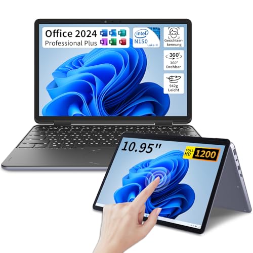 IUGNG 10,95 Zoll 2-in-1 Touchscreen-Laptop, Yoga 360° drehbarer N150 Notebook, 1920x1200 IPS, 16GB DDR4, 512GB SSD, Tastatur mit Hintergrundbeleuchtung (Grau, 512)