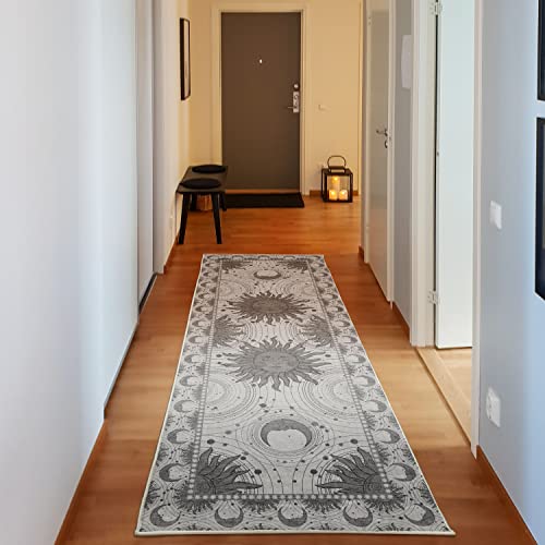 Ambesonne Sun and Moon Decorative Rug, Bohemian Artwork Design of Crescent Solar Ornament Esoteric Stars Ornaments, Quality Carpet for Bedroom Dorm and Living Room, 2' 5