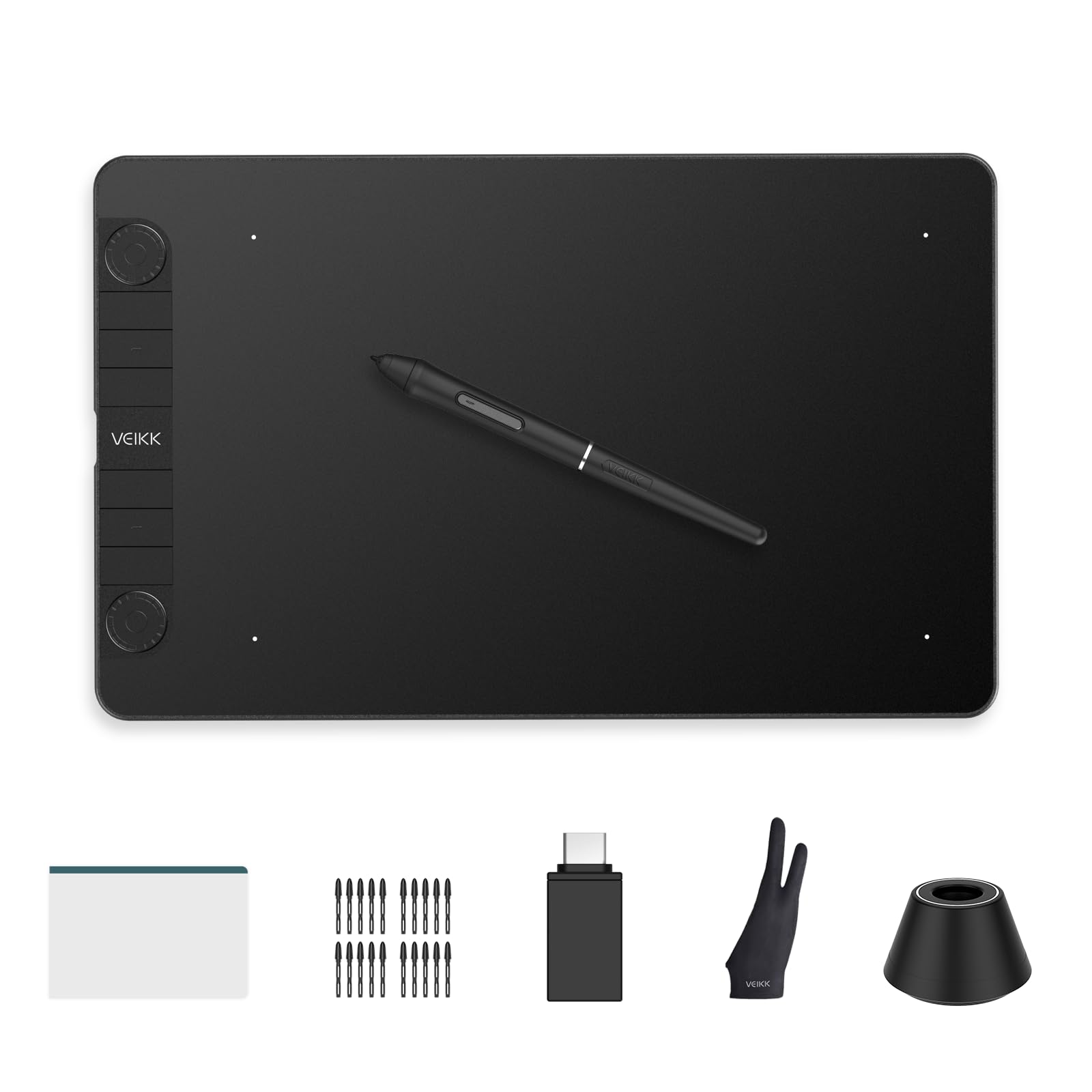 VEIKK Updated VK1060PRO Drawing Tablet-16384 Levels of Pressure Battery-Free Stylus, 2 Quick Dials and 6 Shortcut Keys, 10x6 Inch Graphic Tablet, Compatible with Windows/Mac/Linux/Android 10x6 inch 2 Shortcut Keys+2 Quick Dial
