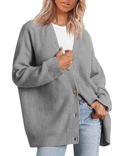 Image of ebossy Women's Open Front Knit Cardigan Casual Long Sleeve Oversized Button Lightweight Sweater Outwear (M, Grey)