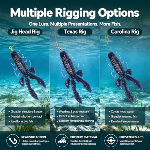 Image of Battle Craw Crawfish Soft Baits with Removable Rattles, Bass Lures | Customizable rattle system for silent /sound mode, Salt infused crawdad Ready-to-fish kit for texas rig, 4.1 /5.5in, 3 Colors