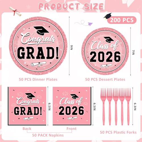 Image of QZYL 200Pcs Pink Graduation Supplies Set, Grad Plates, Napkins, Dessert Plates and Plastic Forks for 50 Guests, Disposable Graduation Party Supplies, Grad tableware for 2026 School Ceremony