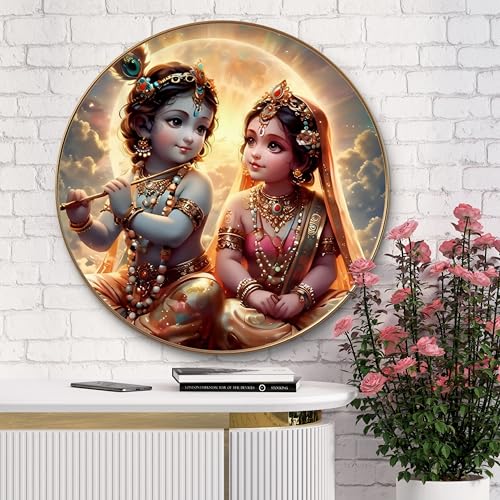 Image of Livin'luxe Baby Radha Krishna Round Art Print with Golden Frame | Cute Divine Flute HD Art Print for Pooja Room Kids Room Living Room (20x20 Inch) Art-GRL-206