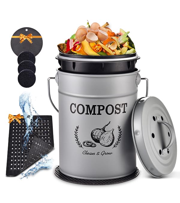 AOSION Countertop Compost Bin Kitchen,Odorless Indoor Compost Bin with Lid and Compost Bags,Compost Bucket Composter Container for Food Waste,Grey
