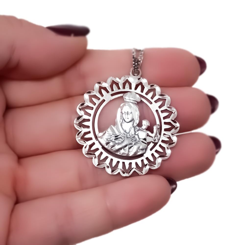 Virgen del Carmen Medalla Plata Ley 925m maciza 34mm. cerco girasol calado