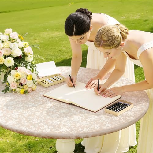 Image of Smiry Waterproof Heavy Duty Vinyl Fitted Tablecloth for 31 inch-35 inch Round Table | Elastic Plastic Table Cloth, Wipeable Washable Floral Patio Table Cover for Picnic, Kitchen and Dining, Beige