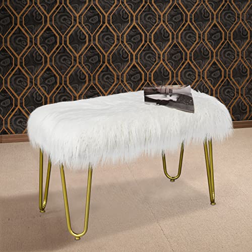 Ivane White Faux Fur Plush Bench With Modern Brushed Gold Hairpin Metal Legs, Fluffy Upholstery Stool For Entryway, Living Room, Dining Room, Bedroom And Cloakroom Vanity Chair #TOP5
