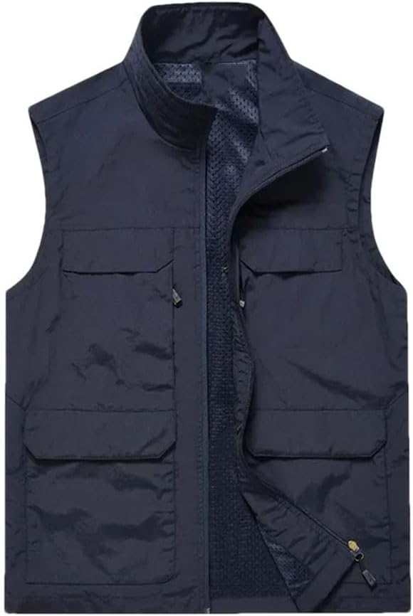 REHJJDFD Men's Stand Collar Multi Pocket Sports Vests Outdoor Mountaineering Hiking Fishing Hunting Travelling Vest