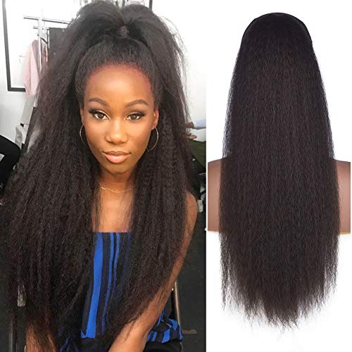 Long Yaki Straight Ponytail Extensions Afro Puff Drawstring Ponytail for Black Women Heat Resistant Natural Kinky Straight Ponytail With Two Combs Synthetic Clip in on Hairpiece (4# Brown Black)
