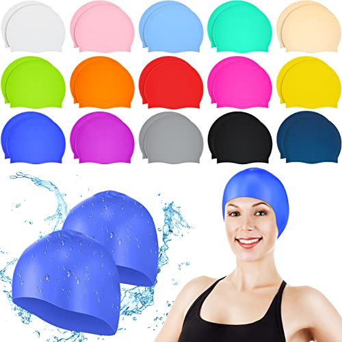 30 Pieces Silicone Swim Cap Bulk Waterproof Swimming Hat Elasticity Swimming Pool Cap Silicone Shower Cap For Women Men Kids Multi Color Unisex #TOP23