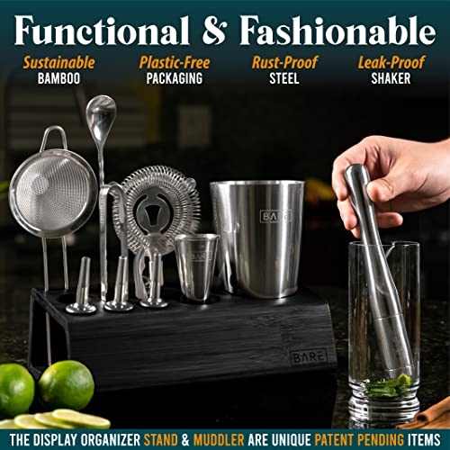 Pro Mixology Bartender Kit Bar Set | 14-Piece Boston Cocktail Shaker Set | Professional Barware Mixing Tools For Home Bartending | Bamboo Stand Recipe Cards | Gift Set For Him & Her (Silver Black) #TOP3