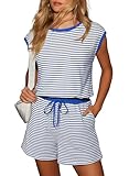 Dokotoo Womens One Piece Jumpsuit Summer Casual Sleeveless Rompers Loose Sky Blue Striped Shorts Overalls 2026 Fashions Short Pants Jumpsuits with Pockets Small