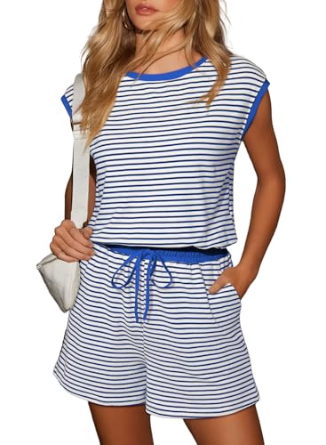 Dokotoo Womens One Piece Jumpsuit Summer Casual Sleeveless Rompers Loose Sky Blue Striped Shorts Overalls 2026 Fashions Short Pants Jumpsuits with Pockets Small