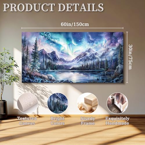 SERIMINO Landscape Large Wall Art for Living Room, Fantasy Aurora Scenic Canvas Prints, Mountain Forest Nightscape Aesthetic Wall Decor for Bedroom, Moon Stars Rustic Farmhouse Decor Pictures 30"X60"