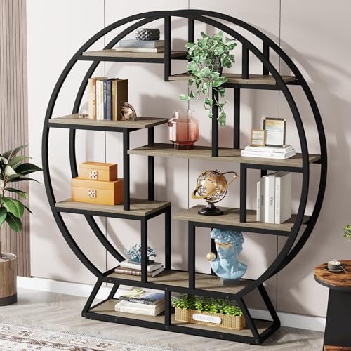 Image of Tribesigns Bookshelf, Round Bookshelves Etagere Bookcase, 63 Inch Industrial Wood Book Shelf with Staggered Shelves, Open Shelving Organizer Rack Display Shelf for Home Office, Living Room, Grey