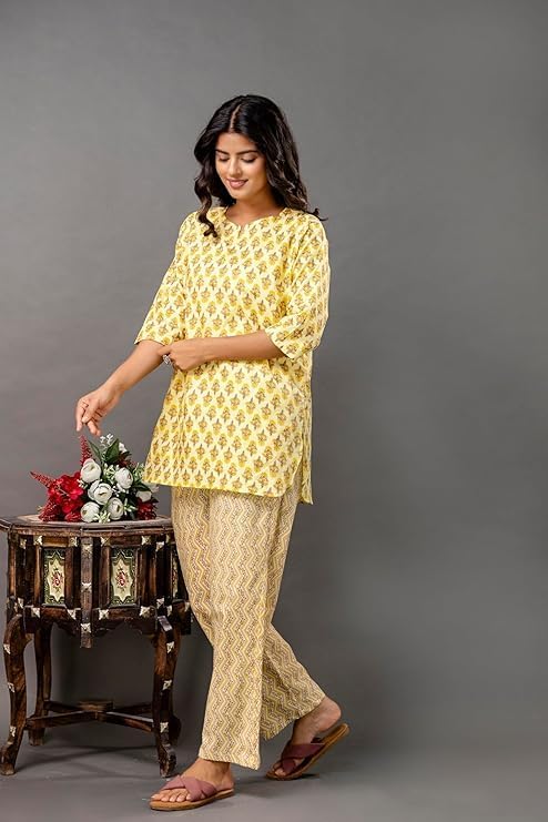 Image of Pure Cotton Printed Night Suit Set | Top Pyjama Set for Women | Night Dress of Kurta Pyjama Set for Women | Kurta Top Set