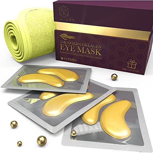 Under Eye Mask for Dark Circles and Puffiness, 24K Gold Gel Eye Mask, Skin Care Under Eye Patches, Under Eye Collagen Masks - 20 Pairs Under Eye Gel Pads + Hair Band