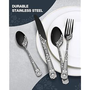 EUIRIO 40 Pieces Silverware Set for 8, Stainless Steel Black Flatware Set with Unique Floral Laser, Mirror Cutlery Set with Forks Spoons and Knives for Kitchen Restaurant Hotel, Dishwasher Safe EUIRIO 40 Pieces Silverware Set for 8 Stainless Steel Black Flatware Set with Unique Floral Laser Mirror Cutlery Set with Forks Spoons and Knives for Kitchen Restaurant Hotel Dishwasher Safe