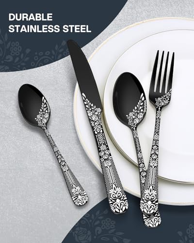 EUIRIO-40-Pieces-Silverware-Set-for-8-Stainless-Steel-Black-Flatware-Set-with-Unique-Floral-Laser-Mirror-Cutlery-Set-with-Forks-Spoons-and-Knives-for-Kitchen-Restaurant-Hotel-Dishwasher-Safe EUIRIO 40 Pieces Silverware Set for 8 Stainless Steel Black Flatware Set with Unique Floral Laser Mirror Cutlery Set with Forks Spoons and Knives for Kitchen Restaurant Hotel Dishwasher Safe