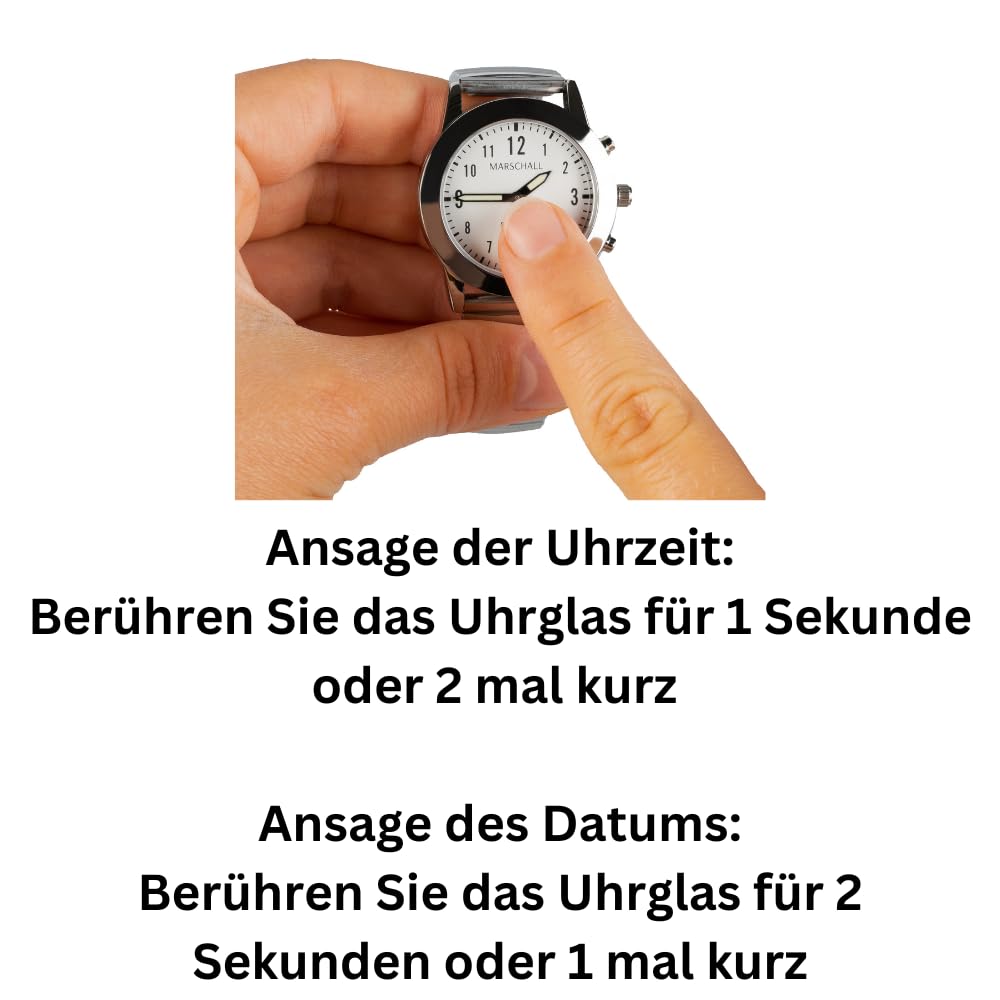 Marschall Senso Deutsch sprechende Damen Armbanduhr I S-DM 2 I Mit Touch Funktion I Für Blinde, Senioren und Demenzkranke I Datum- und Zeitansage I Verstellbares Metallzugband