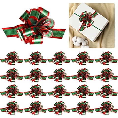 20pcs 5 Inch Christmas Bows Wide Gift Pull Bows Wrapping Ribbon, Bow with Ribbon, Christmas Pull bows Green Pull Bows for Gift Wrapping, Christmas Red Gift Bows Decorations(Green with Red Edge) Cover