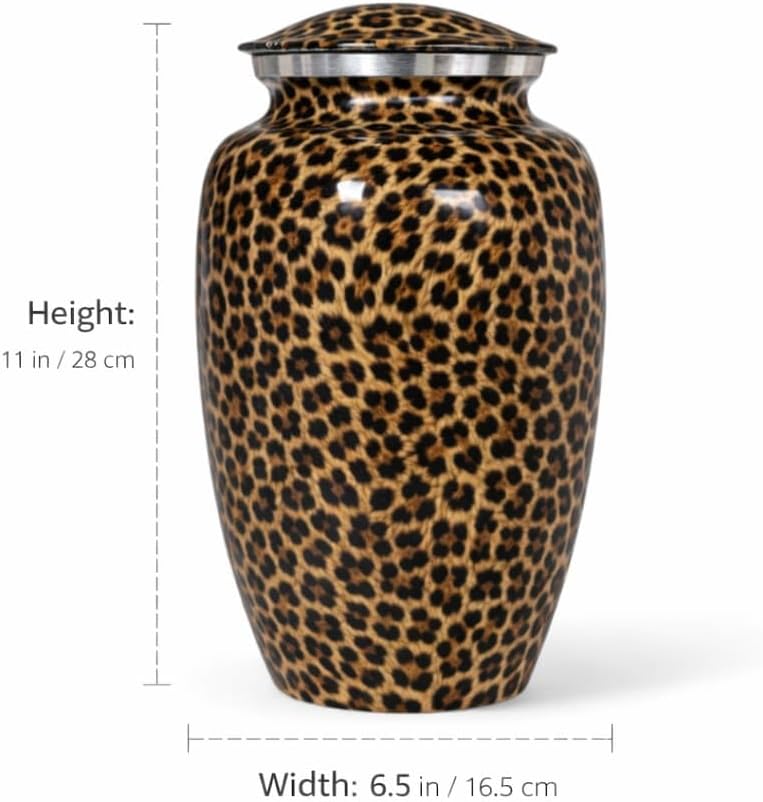 Leopard Print Cremation Urn for Human Ashes Set of 3 – Large Adult Funeral and Memorial Urn with 2 Keepsake Mini Urns – Decorative urn for Burial or Home Display Included Valvet Bag