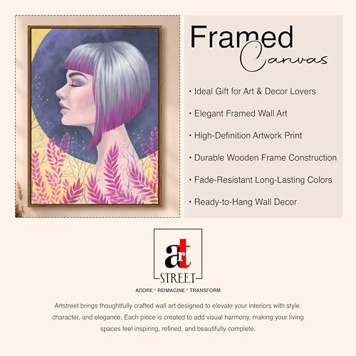 Image of Surreal Botanical Woman Portrait Framed Canvas Painting For Living Room | Modern Abstract Moon Girl Wall Art For Livingroom Wall Decor, Home Decor, Bedroom, Hallway's, Office, Hotel - 43x58 cm