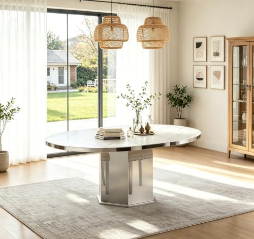 Image of 47 inch-63 inch Extendable Dining Table for 4 6, Modern White Expandable Kitchen Table, Round to Oval Dining Room Table with Mirrored Pedestal for Dining Kitchen Living Room