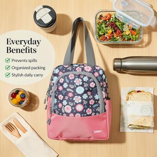 Image of ORBY Lunch Bag Flower Leaf Pink| Water-Repellent Durable Fabric | Tiffin Bag with Bottle Holder & Front Pocket | Strong Zipper & Spacious Meal Storage (Floral Leaf Pattern, Pink)
