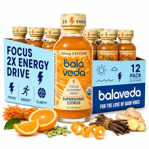 Image of balaveda Supersonic Citrus Organic Energy Shot, Orange Vanilla, 12 Pack | 180mg Clean Caffeine, Cordyceps, L-Theanine, Eleuthero, Vitamin B12, USDA Organic, 2oz Glass Bottles,