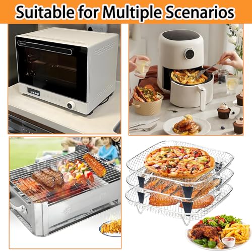 Körbe für Airfryer 3 Stück Air Fryer Racks Grillrost Heißluftfritteuse Körbe Gitter Mit Bürsten und Befestigungen, Schutzhülle für Heißluftfritteuse Stapelbare Zubehör für Ofen Airfryer Quadratisch b