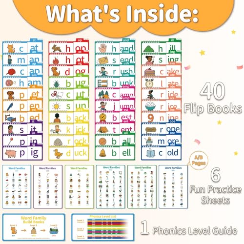 Image of Phonics Flash Cards & Word Family Build Book Fun Kids Flip Books | Read & Rhyme Flip Books, Learn to Read for Kids, Engaging Educational Tools for Kindergarten, Fun Sight Word Phonics Games