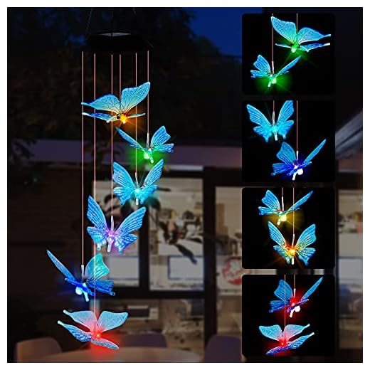 SAND MINE Solar Wind Chimes, Outdoor Solar Butterfly Wind Chimes, Color Changing LED Mobile Wind Chime, Outdoor Waterproof LED Solar Light for Porch Deck Garden Patio Decor, Blue