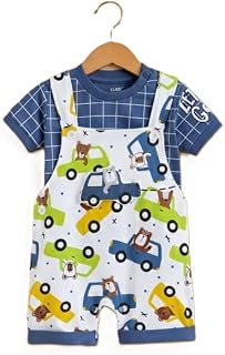KIDNIP Boys Dungaree Set with T-Shirt, Blue Grid Pattern, Car and Bear Print, Cotton Blend, 0-2 Years, 2 Pieces Price In India