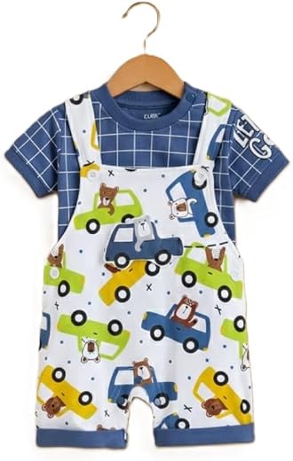 KIDNIP Boys Dungaree Set with T-Shirt, Blue Grid Pattern, Car and Bear Print, Cotton Blend, 0-2 Years, 2 Pieces (IN, Age, ...