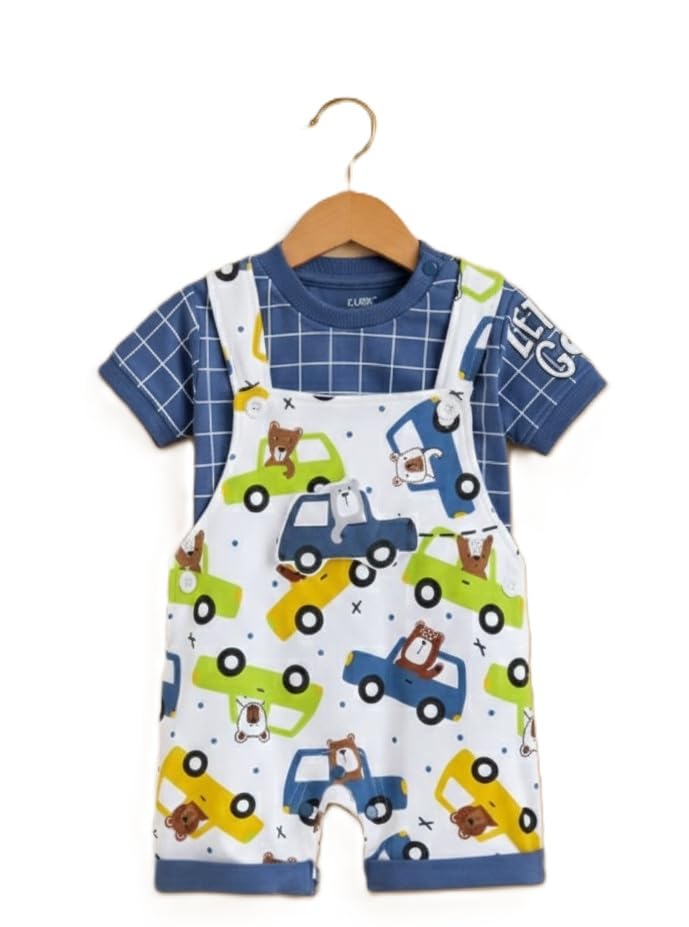 KIDNIP Boys Dungaree Set with T-Shirt, Blue Grid Pattern, Car and Bear Print, Cotton Blend, 0-2 Years, 2 Pieces - Review, Price and Buying Guide