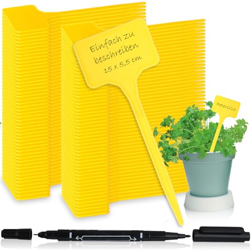 com-four® Etiquetas para plantas 100 x com marcador de ponta dupla - etiquetas de tomadas - tampões para plantas - tampões de cultivo para canteiros de flores de 15 cm (100 peças - amarelo - 15 cm)
