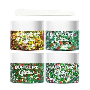 Christmas Body Glitter Gel SUPGIFT 4 Colors 8.5oz Holographic Chunky Mermaid Iridescent Laser Liquid Snowflake Star Tree Sequins for Makeup Face Eyeshadow Hair with Spoon