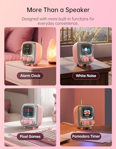 Image of Divoom Tiivoo-2 Retro Bluetooth Speaker, FM Radio, Pixel Art Display, Pink | Alarm Clock, Portable Mini Wireless Speaker, Cute Vintage Desk Decor Gift
