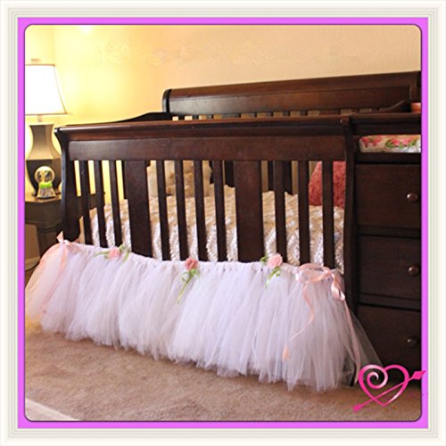 Handmade Tulle Crib Skirt in White for Girl/Boys, Birthday Party Decoration,Baby Shower&Baby Room Decorative 16inch Drop, 52X28 inch Crib Size