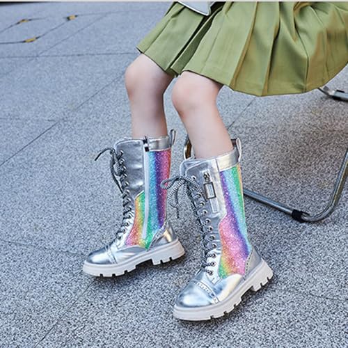 Girls Glitter Knee Length Boots Fashion Lace-Up PU Leather Riding Boots Side Zipper Sparkly Christmas Holiday Shoes3