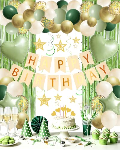 Image of Sage Green Happy Birthday Party Decorations with Banner Balloons for Women