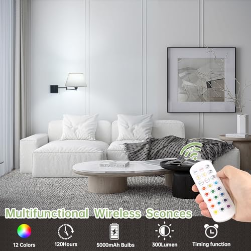 Image of Shenmoyl Battery Operated Wall Sconces Set of 2, Swing Arm Adjustable Wall Lamp 5000 mAh Rechargeable Bulb with 12 RGB Colors Dimmable Wall Sconce for Living Room Bedroom