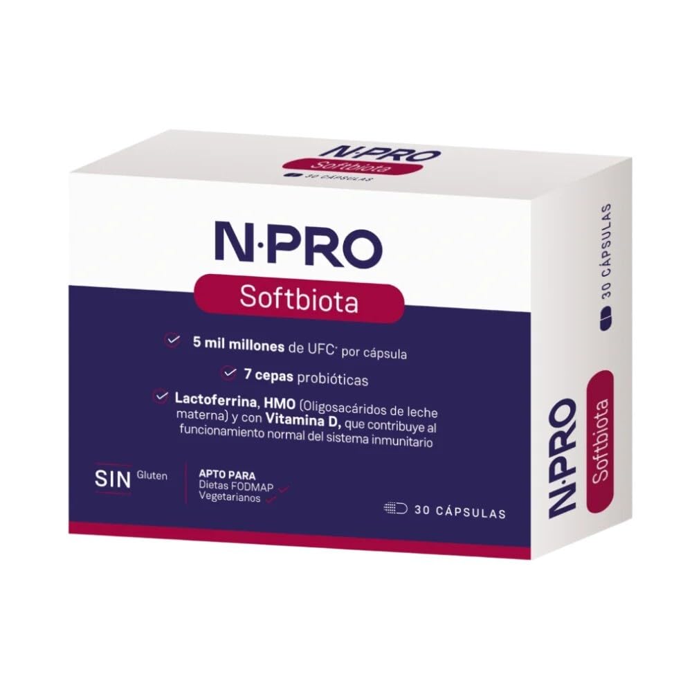 NPro SALUD INTESTINAL Softbiota 30 Cápsulas Probiótico de Baja Carga | 7 Cepas Probióticas 3.000 Millones UFC, HMO, Lactoferrina, Vitamina D3, Apoyo Suave para Máxima Tolerancia