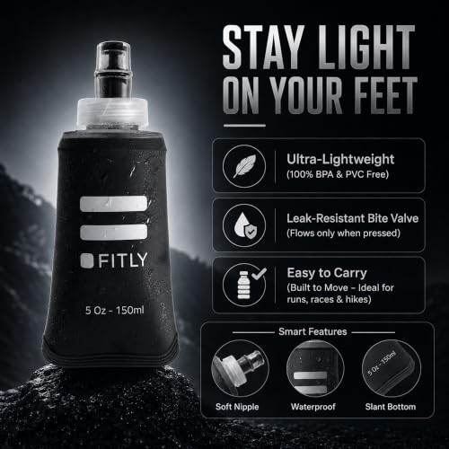 Image of FITLY 5 oz - 150ml (F1B) Soft Water Bottle Shrink As You Drink Soft Flask for Hydration Pack Folding Water Bottle Ideal for Running, Hiking, Cycling, Climbing & Rigorous Activity, Black